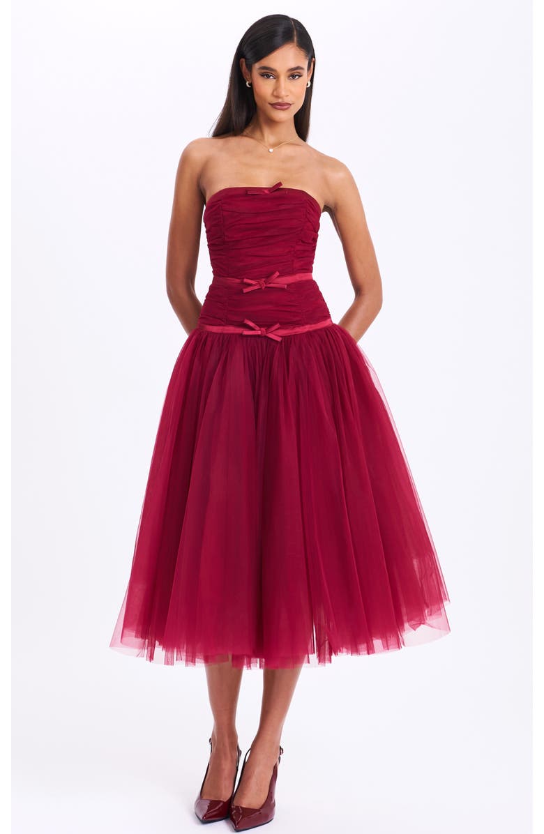 Miss Circle Mabel Drop Waist Layered Mesh Midi Puffy Dress with Bow, Main, color, 