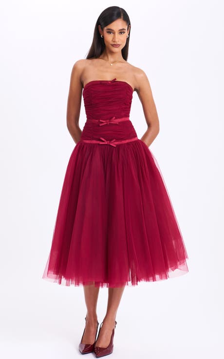 Mabel Drop Waist Layered Mesh Midi Puffy Dress with Bow