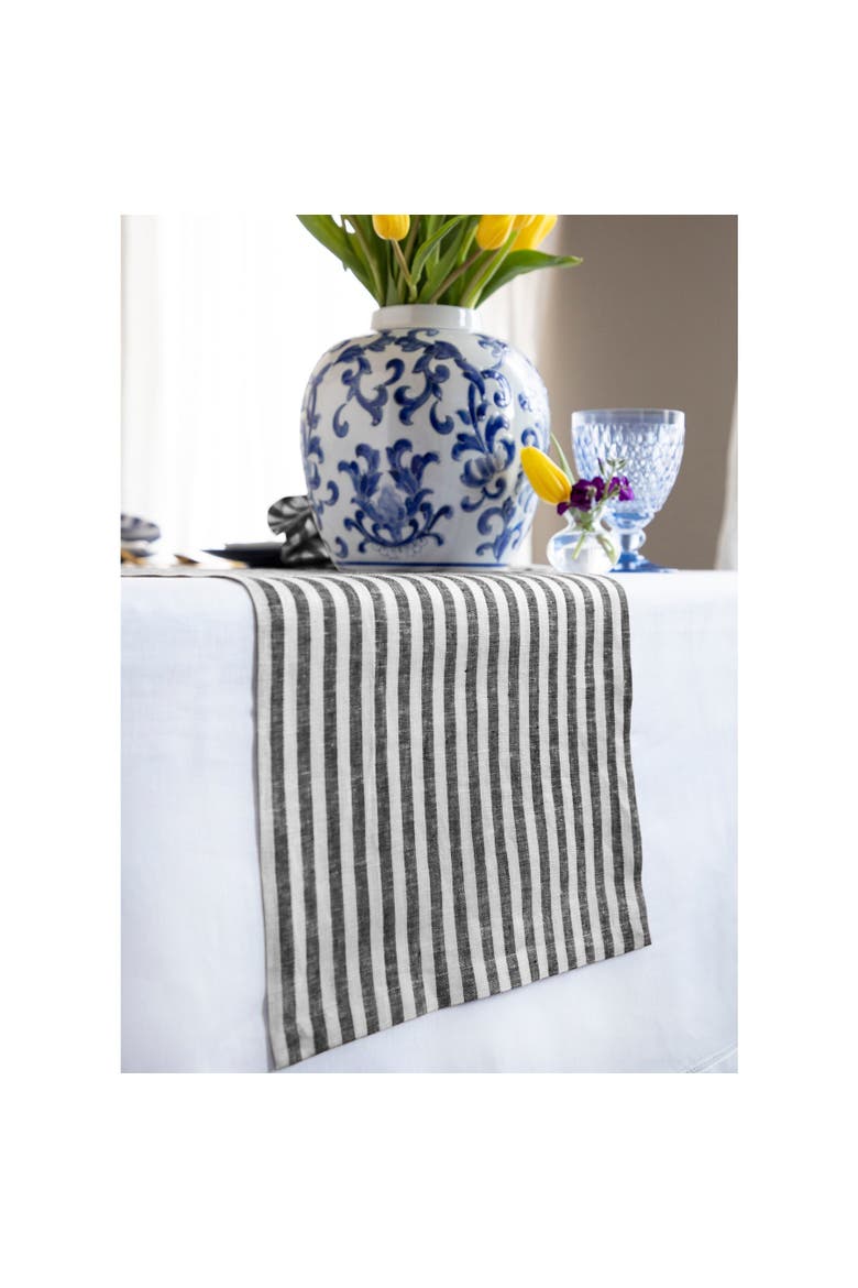 Linen Table Runner - Amalfi Stripe, Alternate, color, Black and White