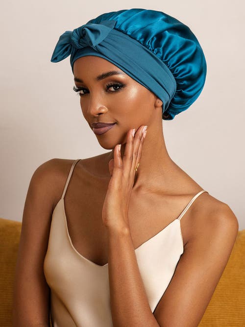 Silksilky Pure Silk Bowknot Tie Bonnet In Blue
