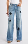 Re/Done Mid Rise Embellished Appliqué Wide Leg Jeans