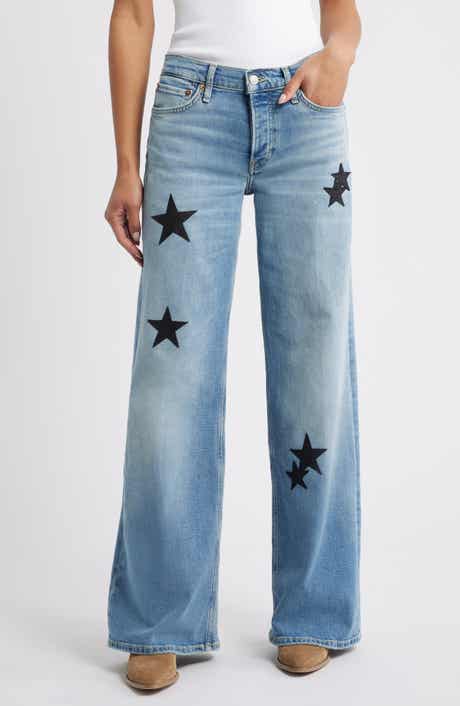 Mid Rise Embellished Appliqué Wide Leg Jeans