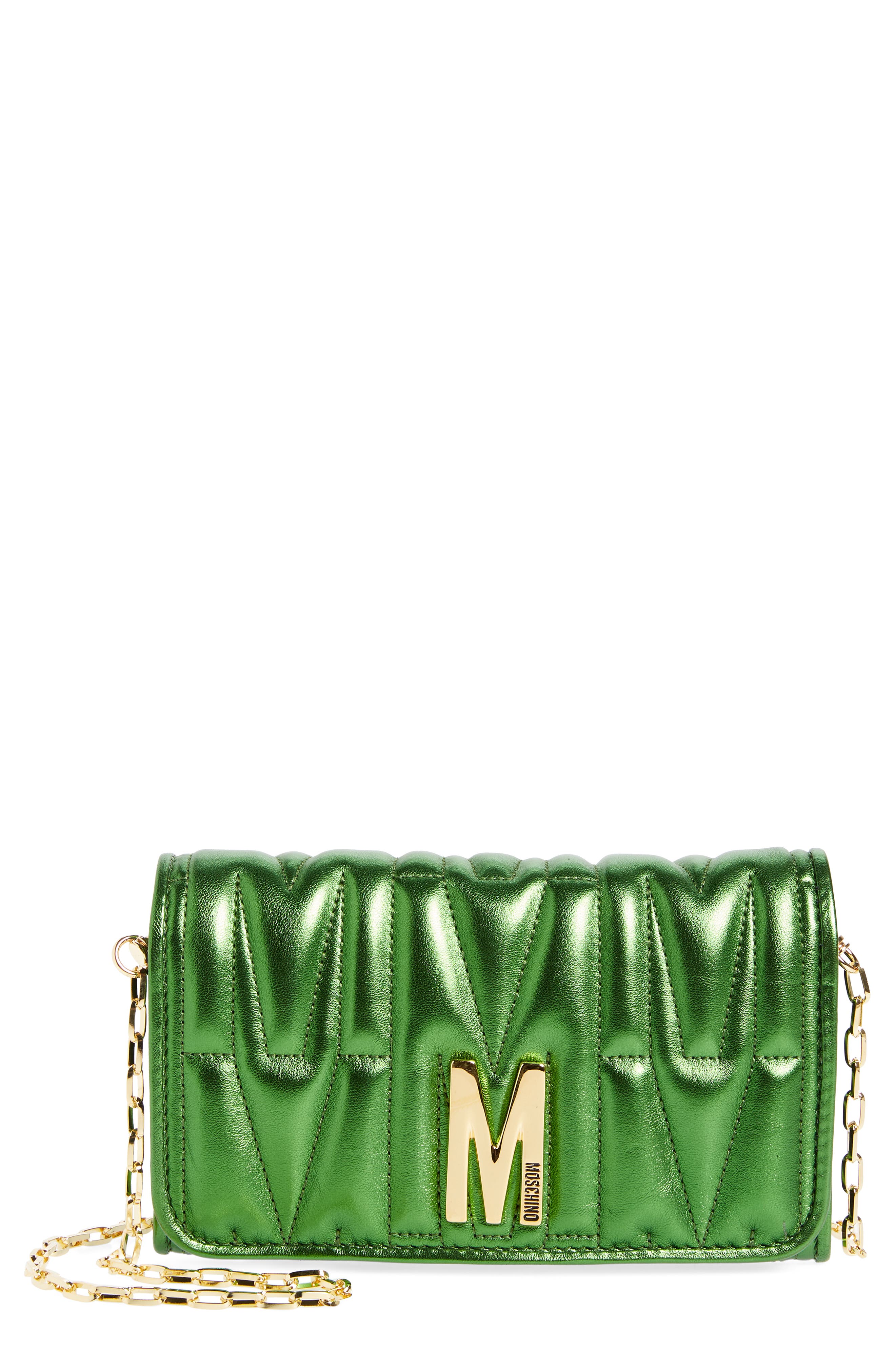 Moschino Medium M Logo Quilted Metallic Leather Shoulder Bag, Main, color, 