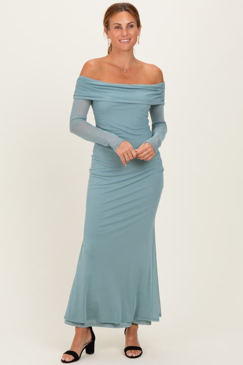 Mesh Overlay Off Shoulder Long Sleeve Midi Dress