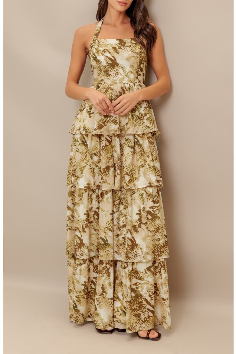 Abstract Print Tiered Maxi Dress, Alternate, color, TAUPE