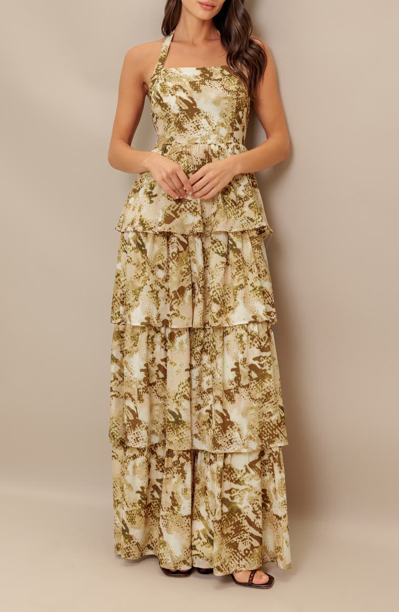 FLYING TOMATO Abstract Print Tiered Maxi Dress, Alternate, color, Taupe