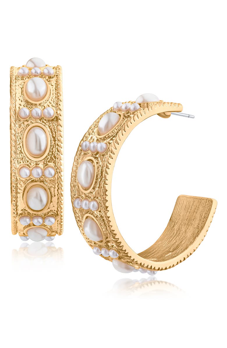 JARDIN Faux Pearl Hoop Earrings, Main, color, White/ Gold