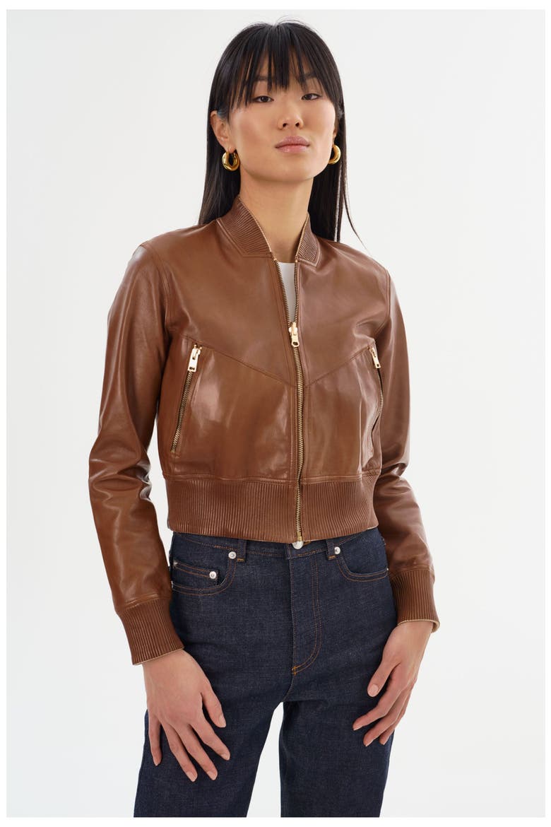 Kordella | Reversible Leather Bomber Jacket, Main, color, Luggage/Gold