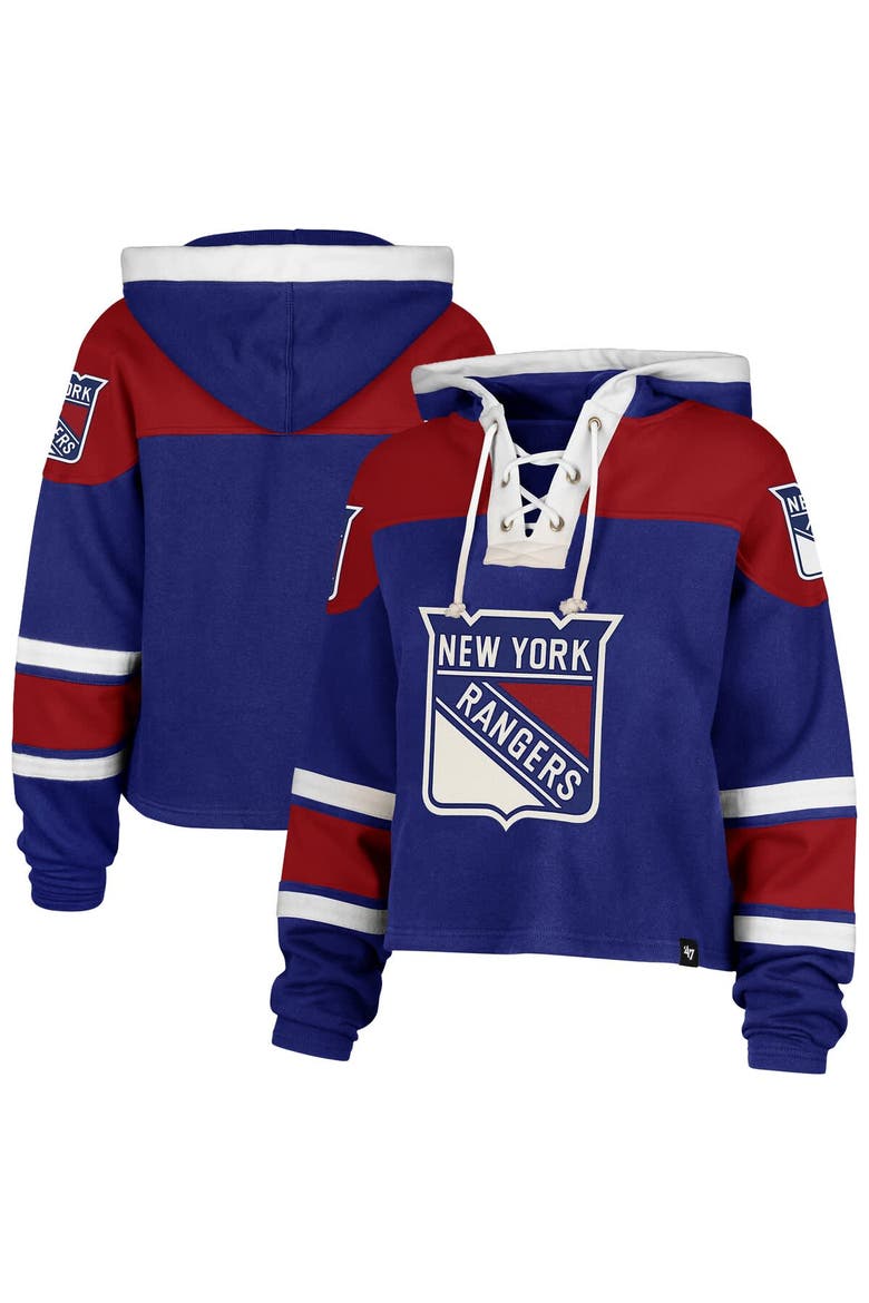 Women's '47 Blue New York Rangers Cropped Superior Lacer Pullover Hoodie, Main, color, Blue