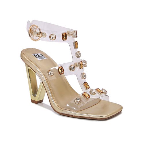 Ninety Union Jewel Clear Straps Geometric Heel Sandal In Gold