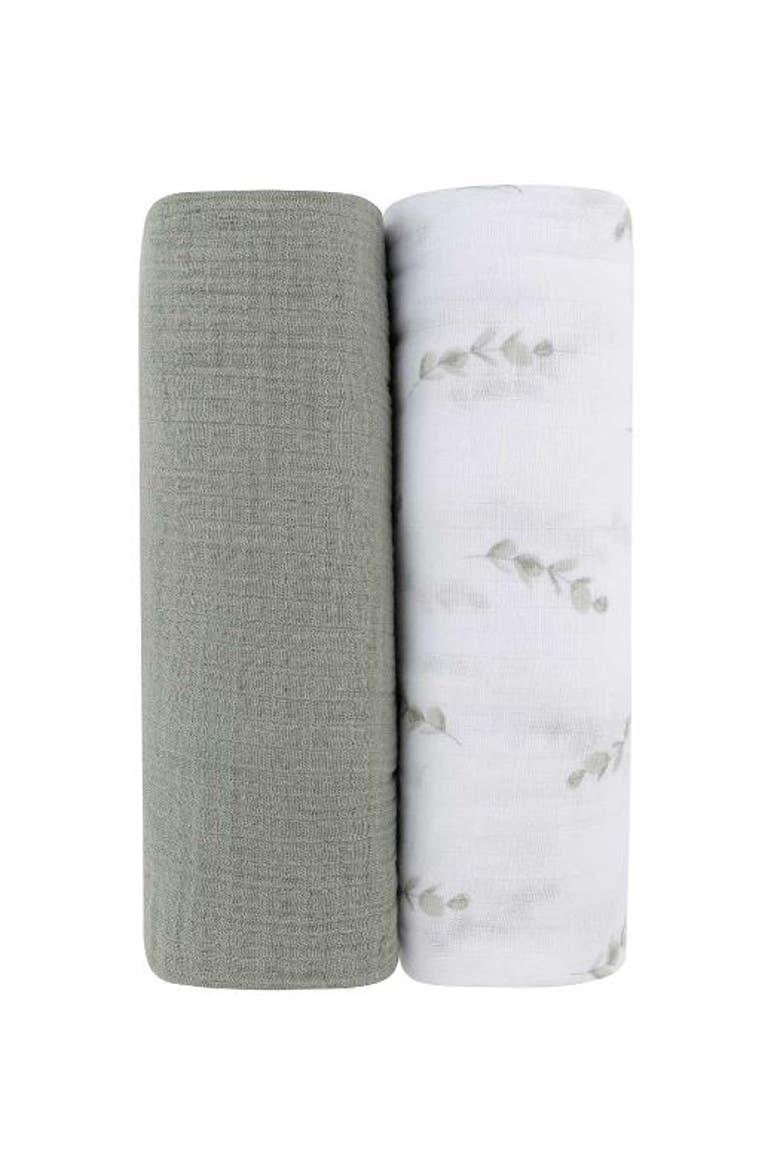 Cotton Muslin Swaddle Blanket 2 Pack, Main, color, Eucalyptus Print/Solid Sage