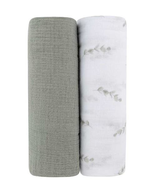 Swaddle Blanket Cotton Muslin 2 Pack In Eucalyptus Print/solid Sage