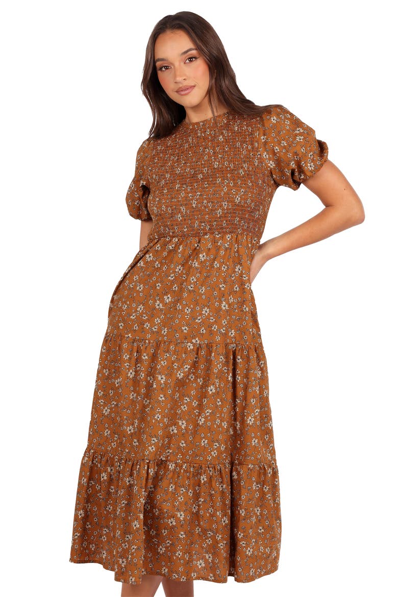 Naura Tiered Cotton Midi Dress, Alternate, color, COGNAC FLORAL
