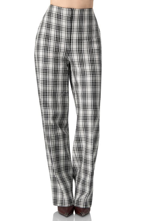 Tailored Straight-Leg Pants in Black and White Plaid