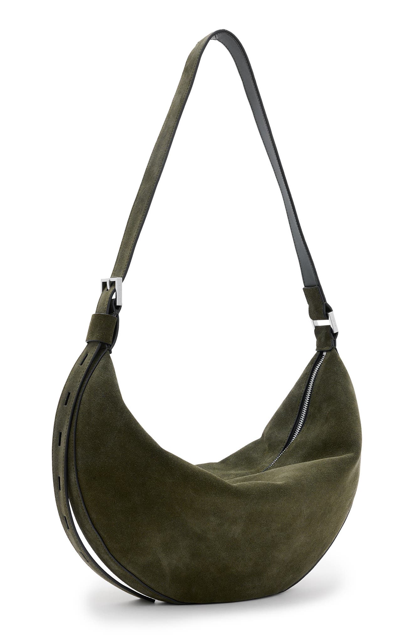 AllSaints Half Moon Suede Shoulder Bag, Alternate, color, 