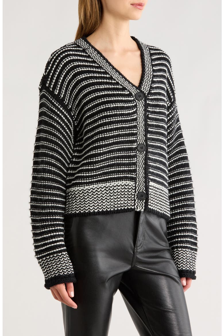Chunky Stripe V-Neck Cardigan, Alternate, color, BLACK WHITE