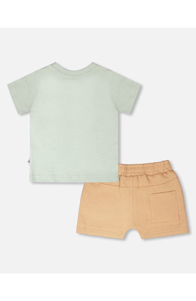 Deux par Deux Organic Cotton Monkey Short Sleeve T-Shirt and Short Set, Alternate, color, Mint Green And Beige