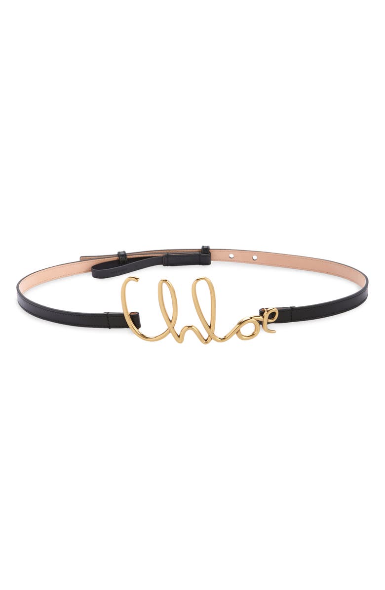 Chloé Script Logo Buckle Leather Belt, Main, color, Black
