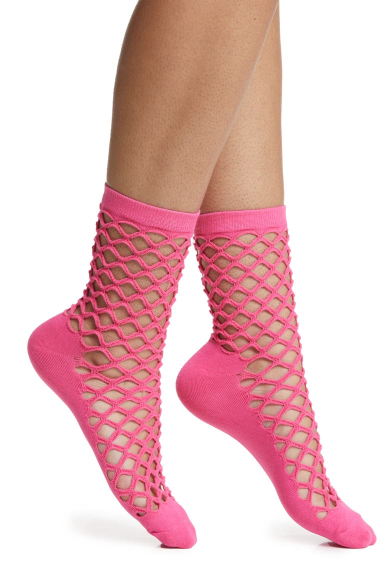 Hedge Fishnet Cotton Blend Crew Socks, Main, color, PINK