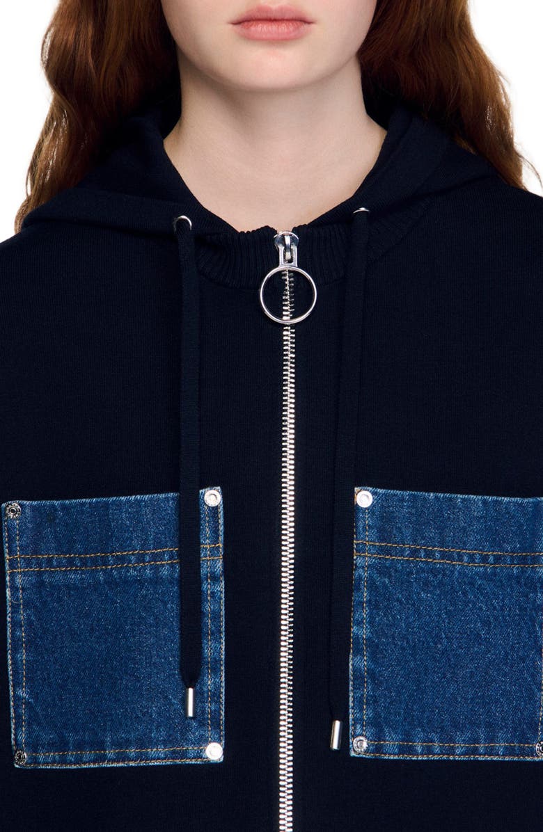 SANDRO Knit and denim sweatshirt, Alternate, color, Navy Blue