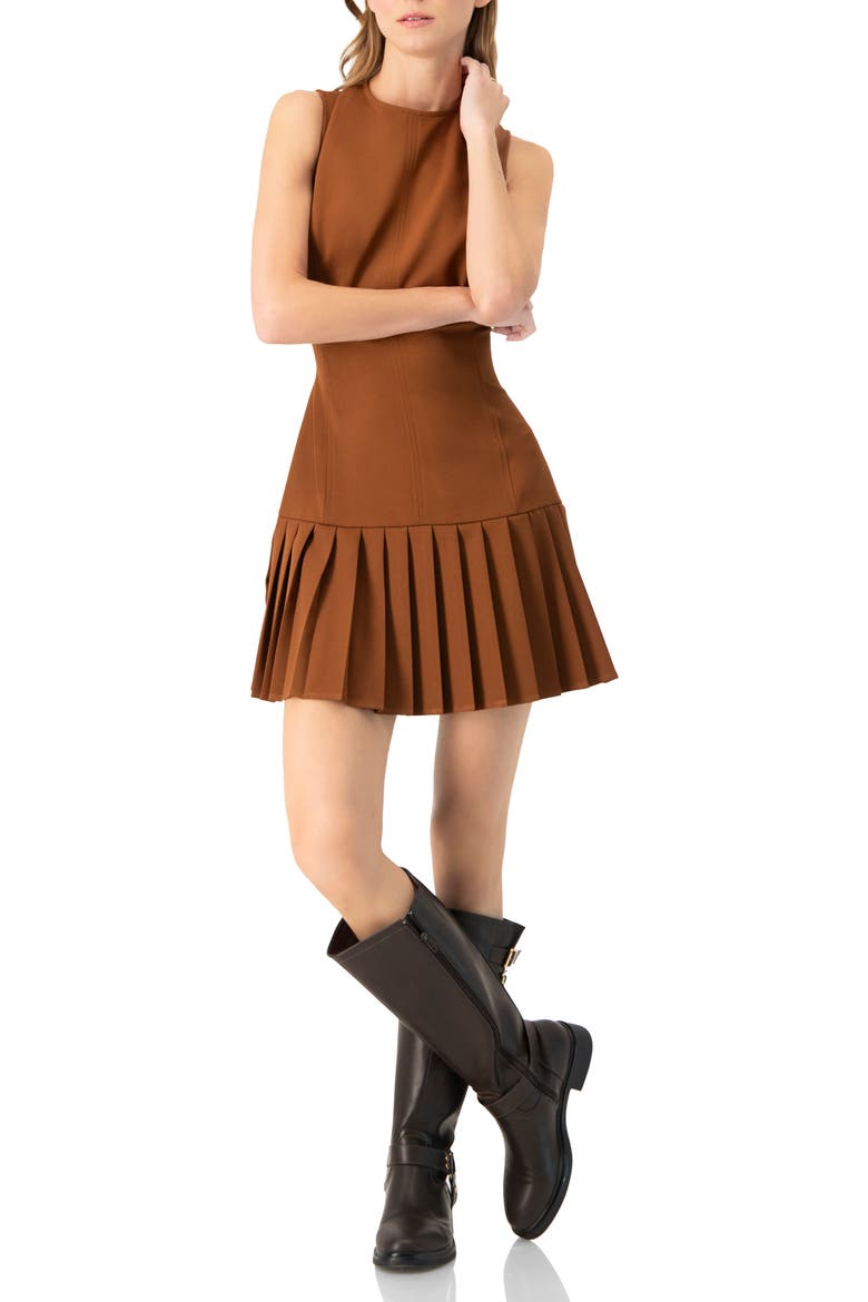 Pleated Short Dress, Alternate, color, Brown