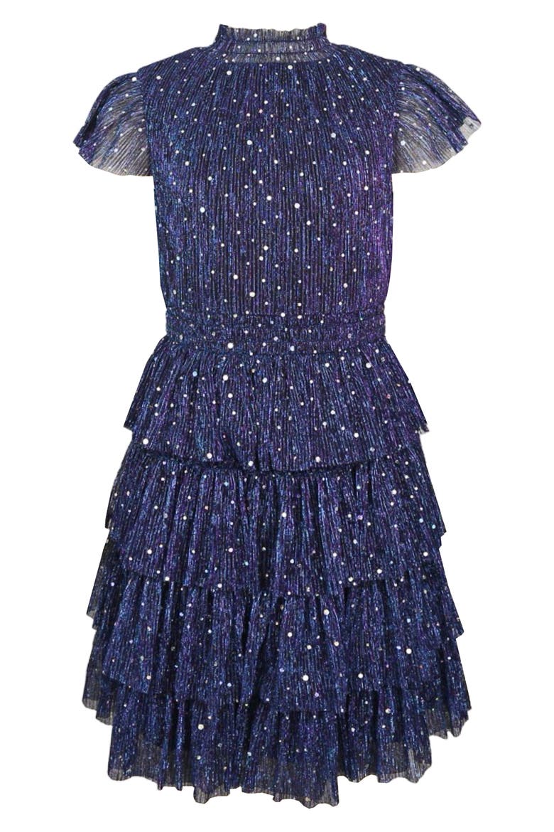 Kids' Flutter Sleeve Metallic Plissé Dress, Main, color, BLACKMULTI