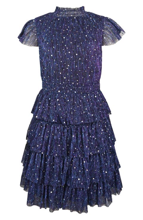 Kids' Flutter Sleeve Metallic Plissé Dress