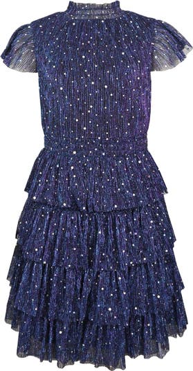 Kids' Flutter Sleeve Metallic Plissé Dress