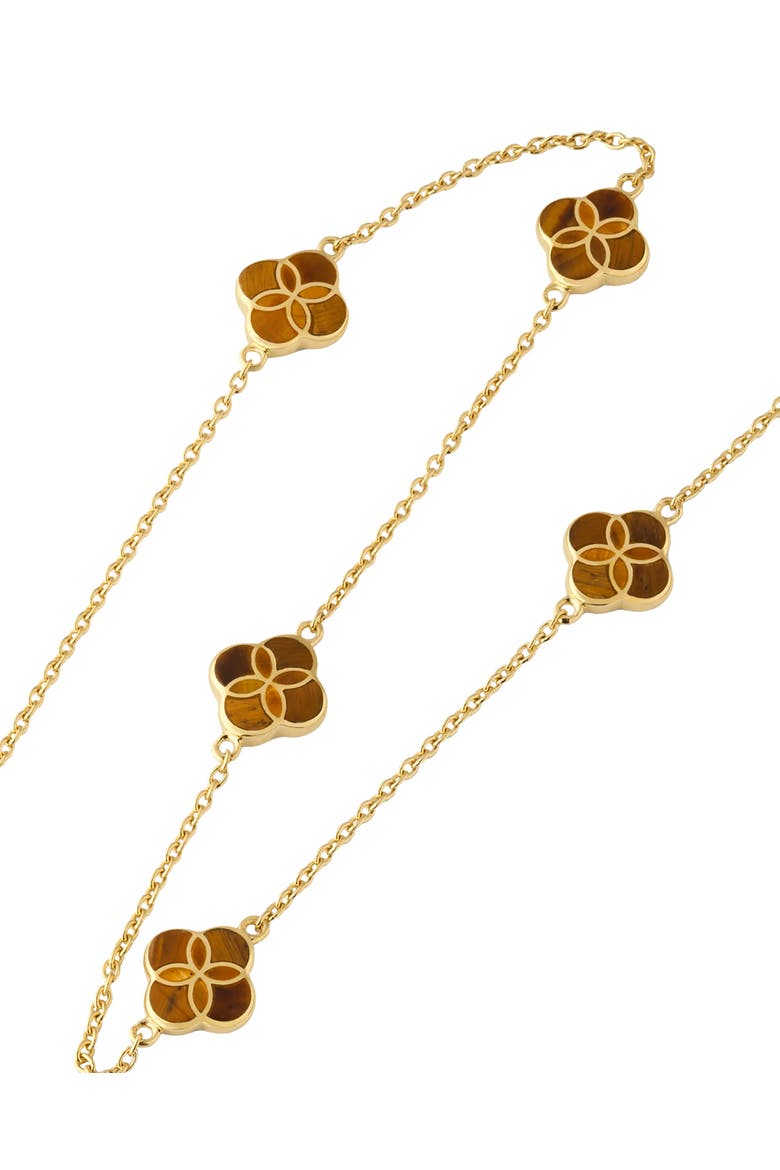 Sterling With 18K Gold Overlay And Gemstones Five Petal Station Necklace, Alternate, color, BROWN