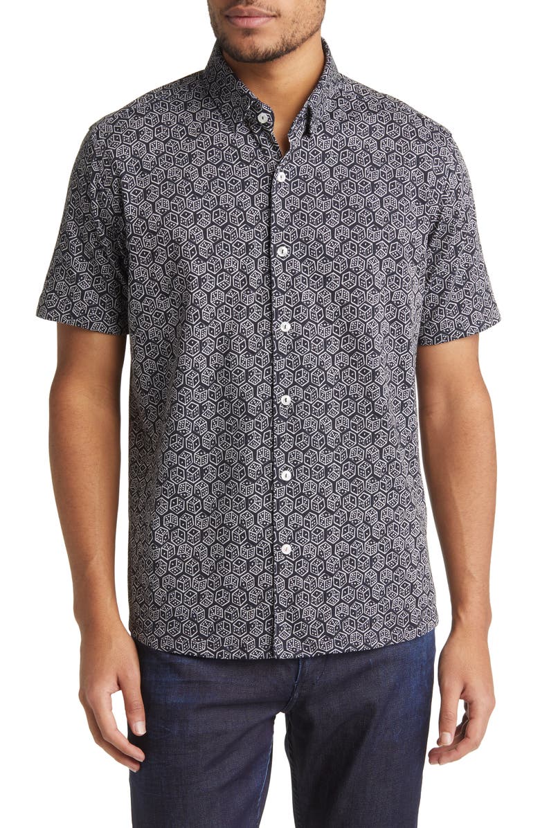 Stone Rose DRY TOUCH<sup>®</sup> Performance Dice Print Short Sleeve Button-Up Shirt, Main, color, Black