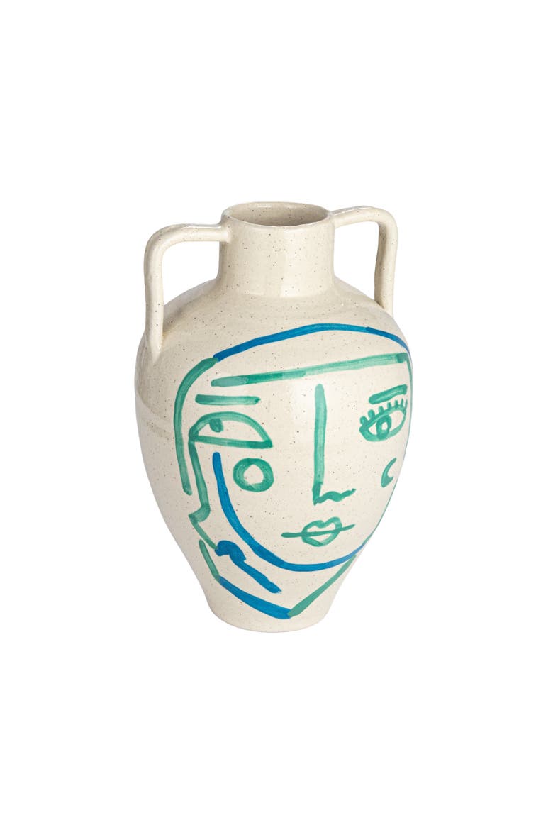 Hand-Painted Terra-cotta Vase with Abstract Face and Crackle Glaze, Main, color, Cream
