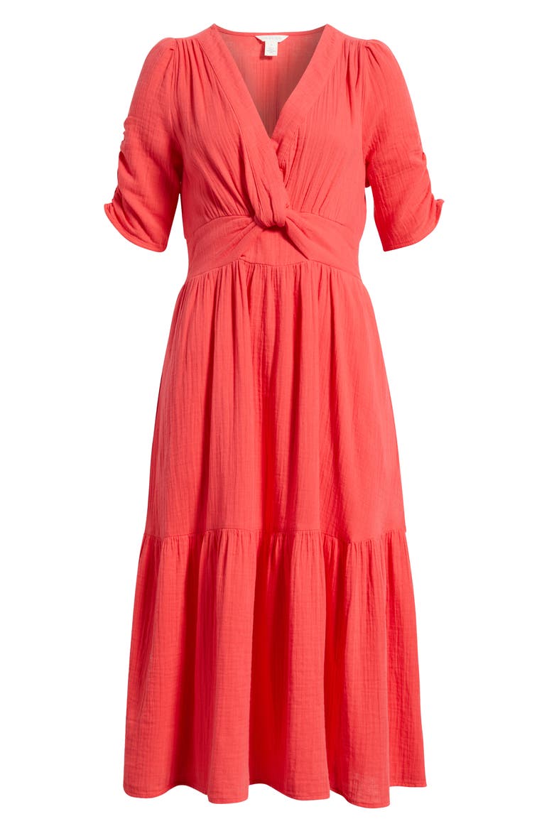Twist Detail Gauze Midi Dress, Alternate, color, RED GERANIUM