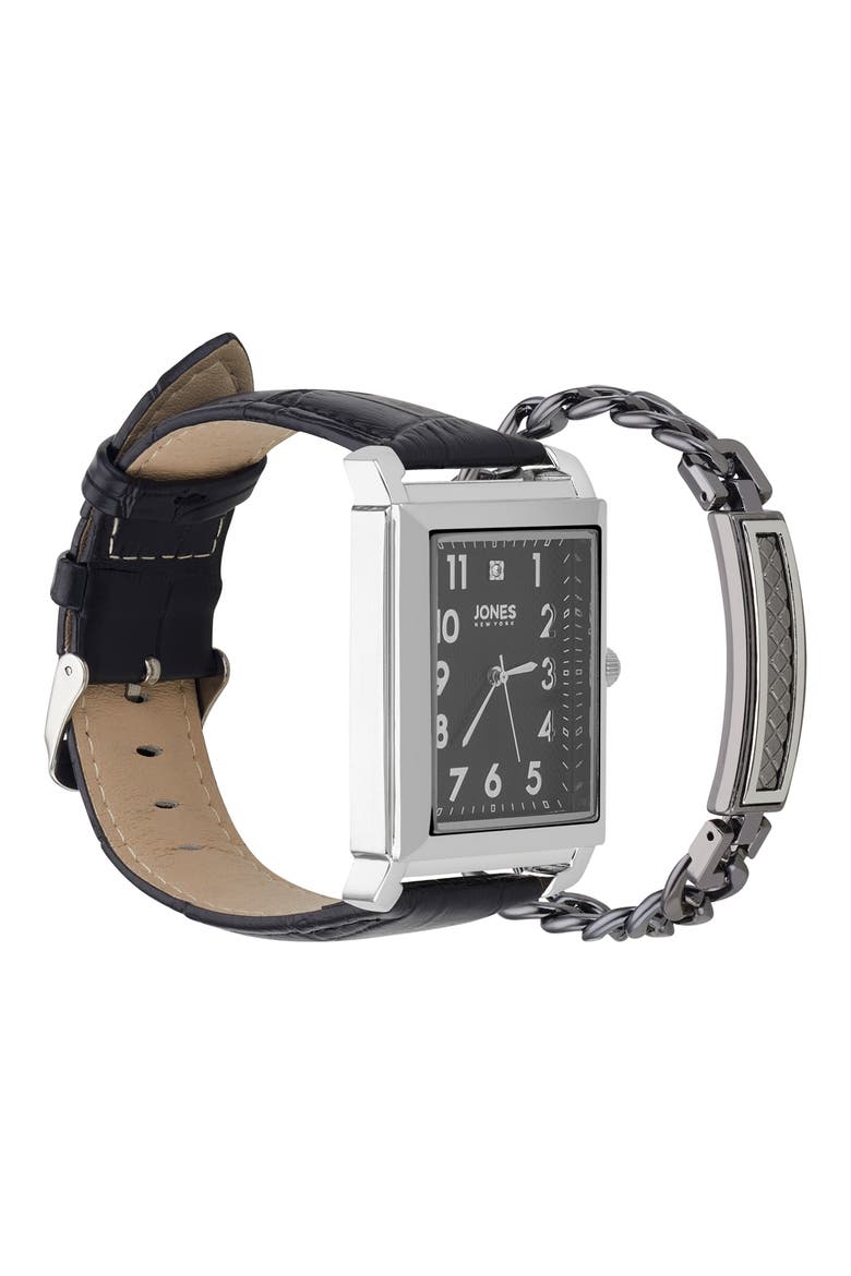 Diamond Accent Three-Hand Quartz Watch & ID Bracelet Set, Alternate, color, BLACK