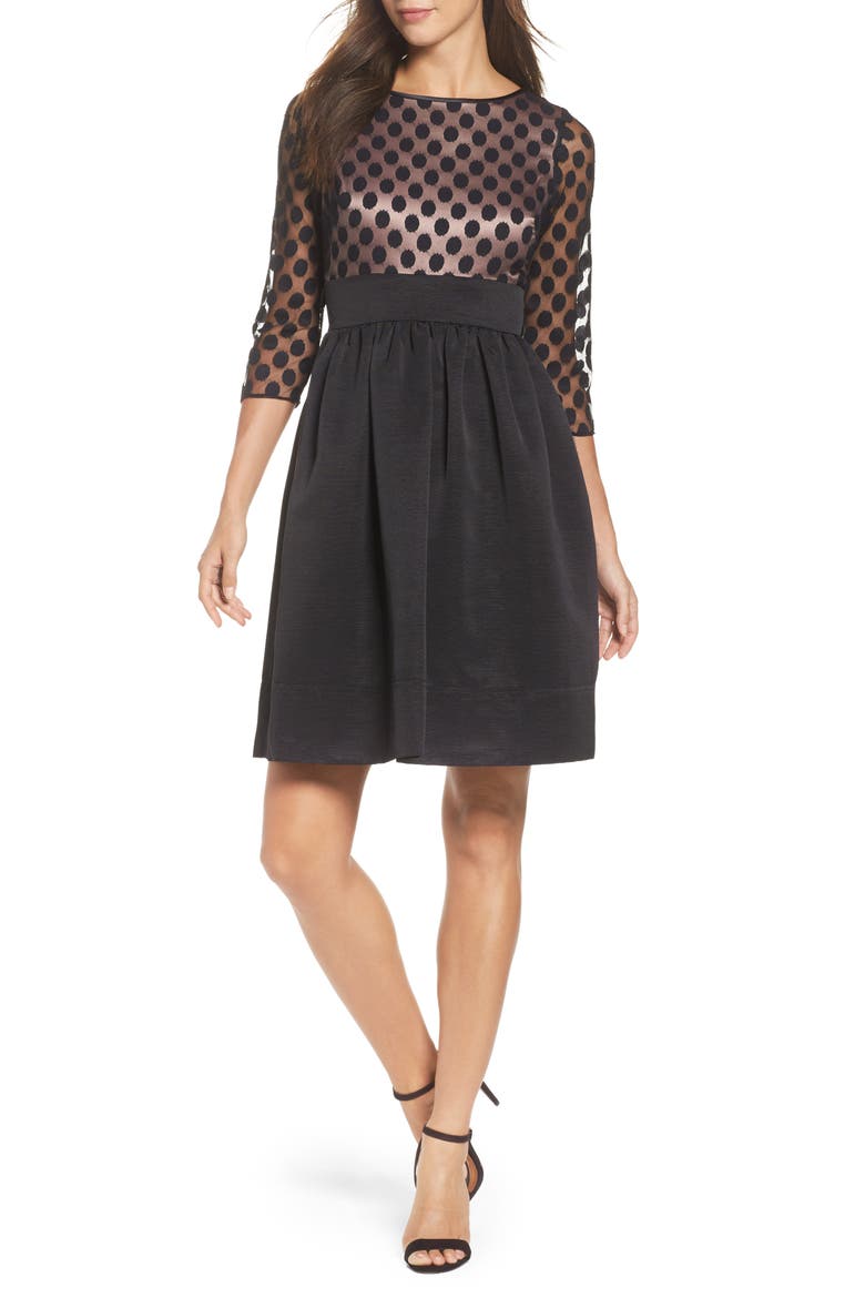 Dot Mesh Bodice Fit & Flare Dress, Main, color, BLACK