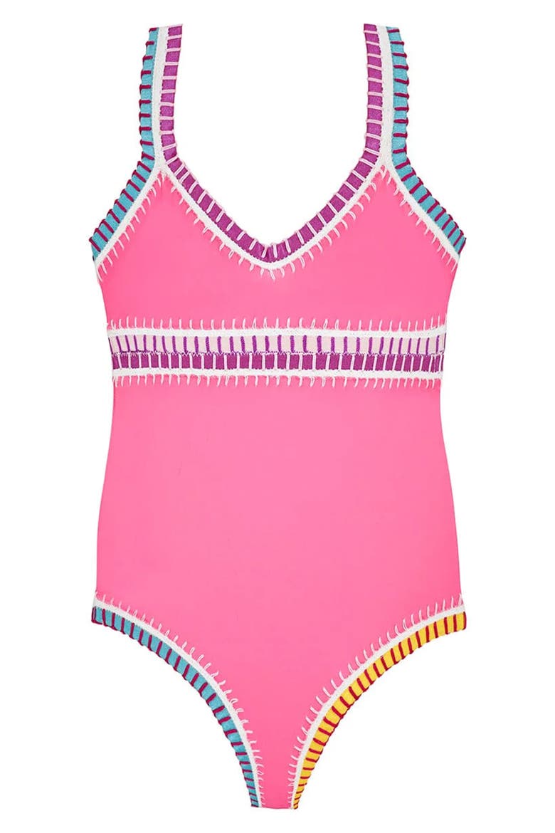 Kids' Rainbow Embroidered One-Piece Swimsuit, Main, color, HOT PINK