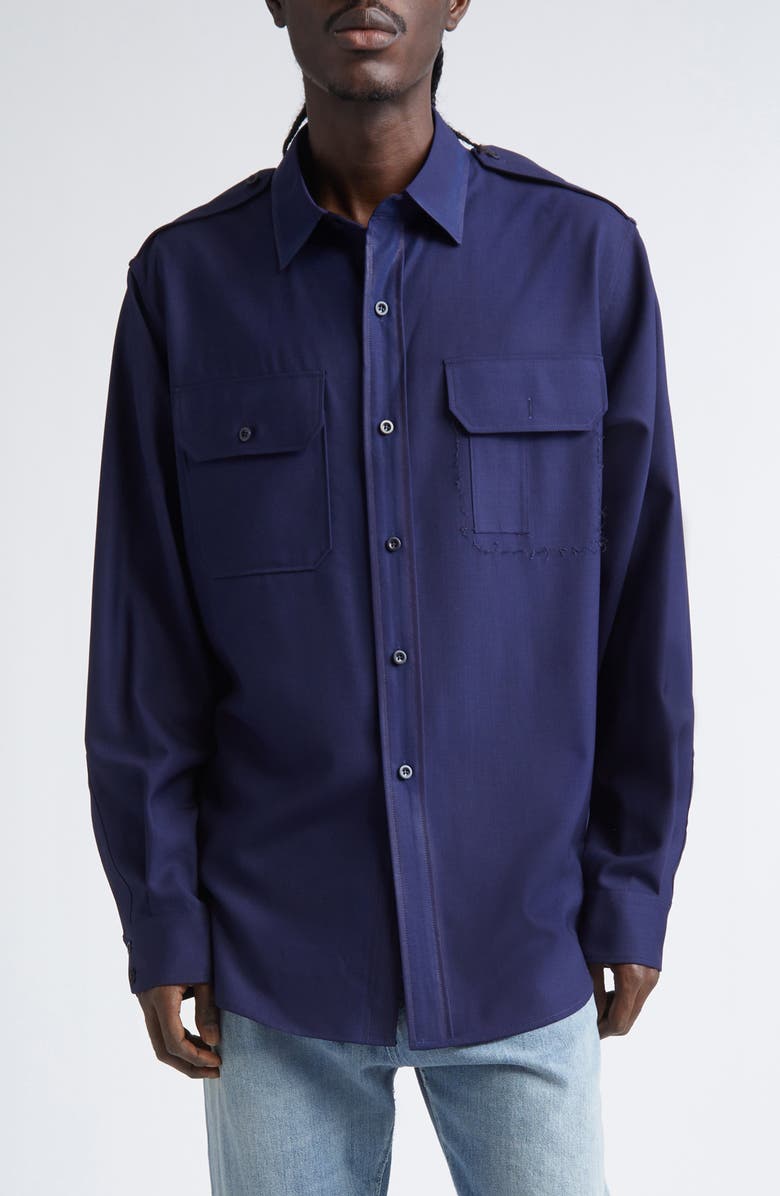 Maison Margiela Pressed to Death Wool Button-Up Shirt, Main, color, Navy