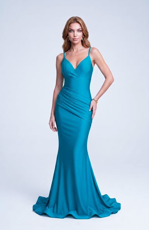 Ruched Plunge Neck Strappy Back Mermaid Evening Gown