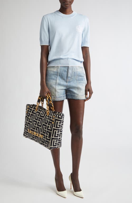 Balmain Quilted High Waist Denim Shorts In Blue