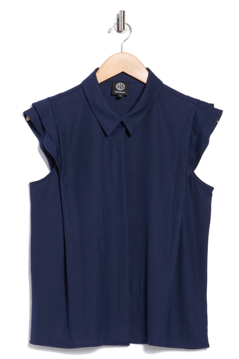 Cap Sleeve Piqué Button-Up Top, Alternate, color, NAVY