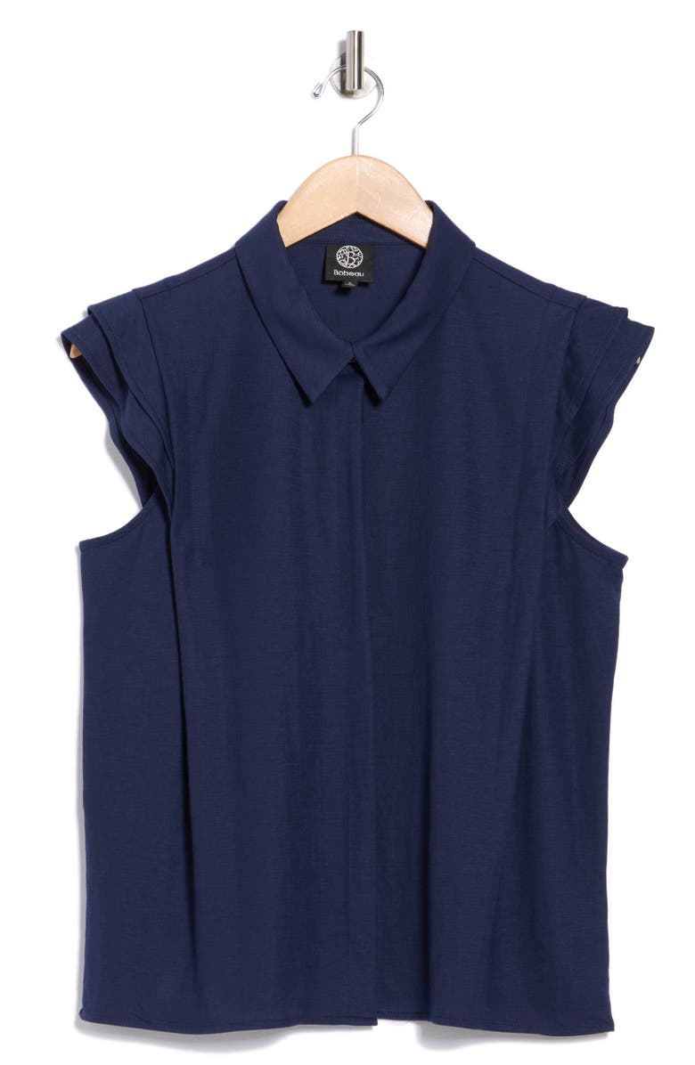 Bobeau Cap Sleeve Piqué Button-Up Top, Alternate, color, Navy