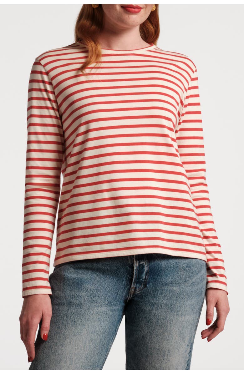 Frances Valentine Long Sleeve Striped Tee Shirt Stripe 100% Pima Cotton, Main, color, Oyster/Red