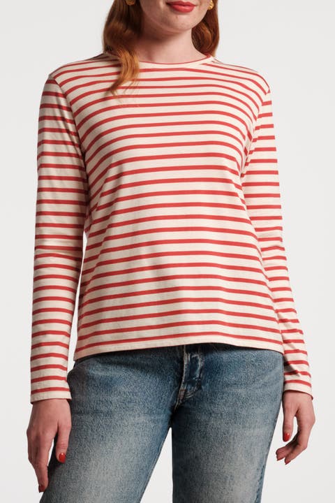 Long Sleeve Striped Tee Shirt Stripe 100% Pima Cotton