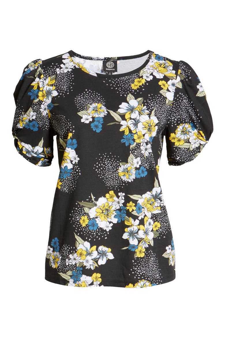 Print Puff Sleeve Cotton T-Shirt, Alternate, color, BLACK FLORAL