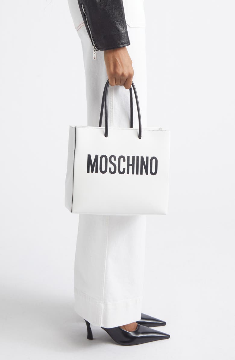 Moschino Logo Leather Shopper Tote, Alternate, color, 100 White