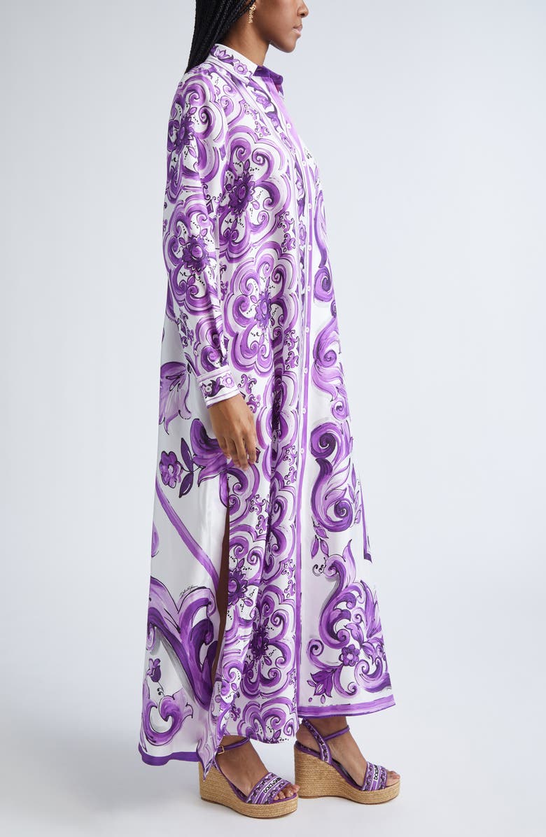 Dolce&Gabbana Majolica Print Long Sleeve Silk Shirtdress, Alternate, color, Ip3tn Mix Maiolica Viola