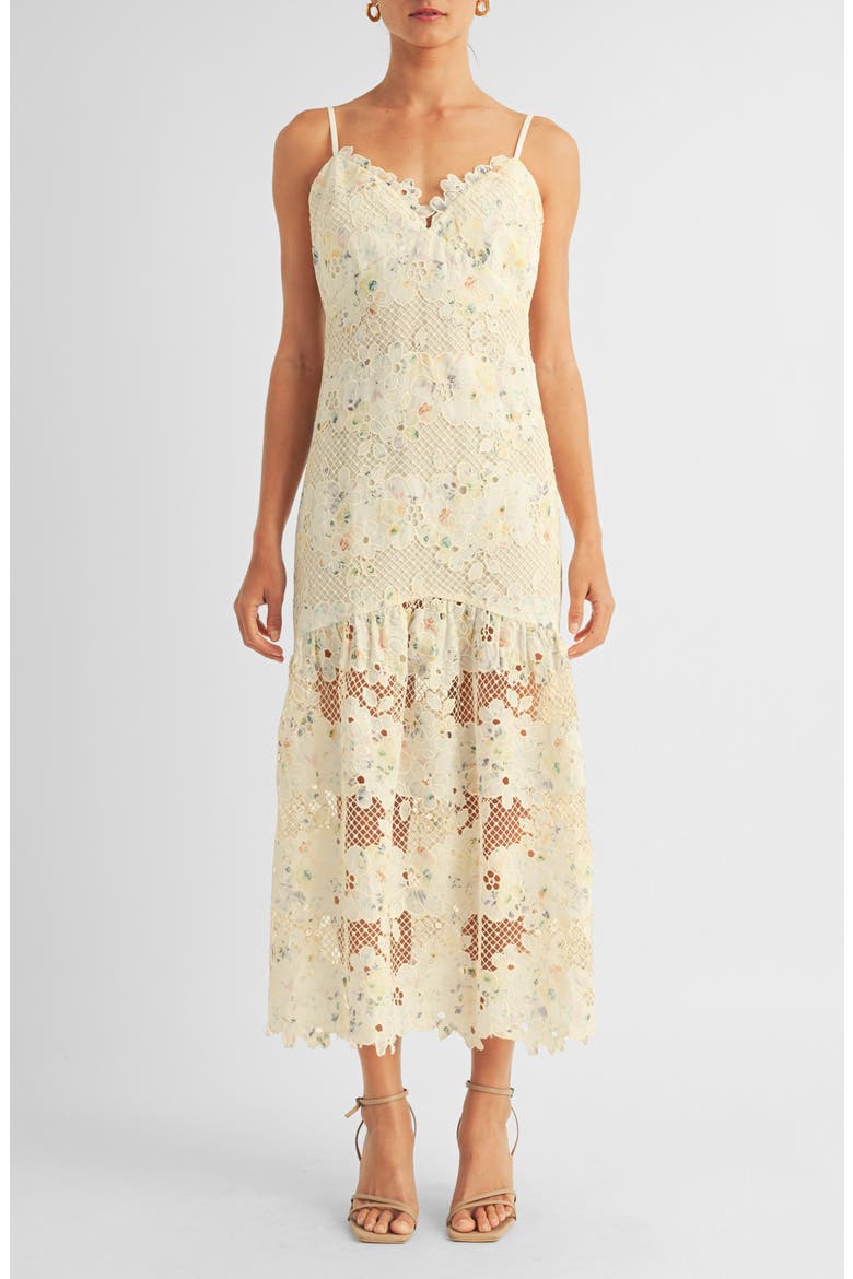 Sabrina Floral Lace Midi Dress, Main, color, CREAM