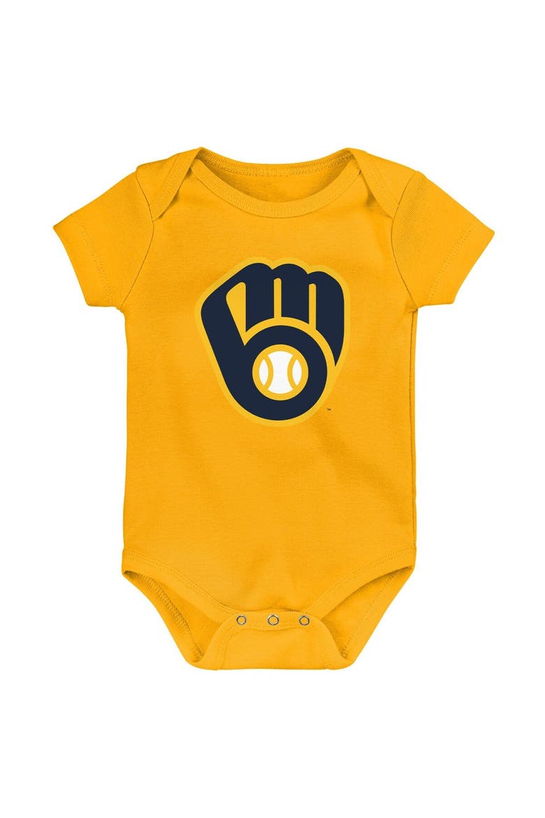 Newborn & Infant Gold/White/Heather Gray Milwaukee Brewers Biggest Little Fan 3-Pack Bodysuit Set, Alternate, color, Gold