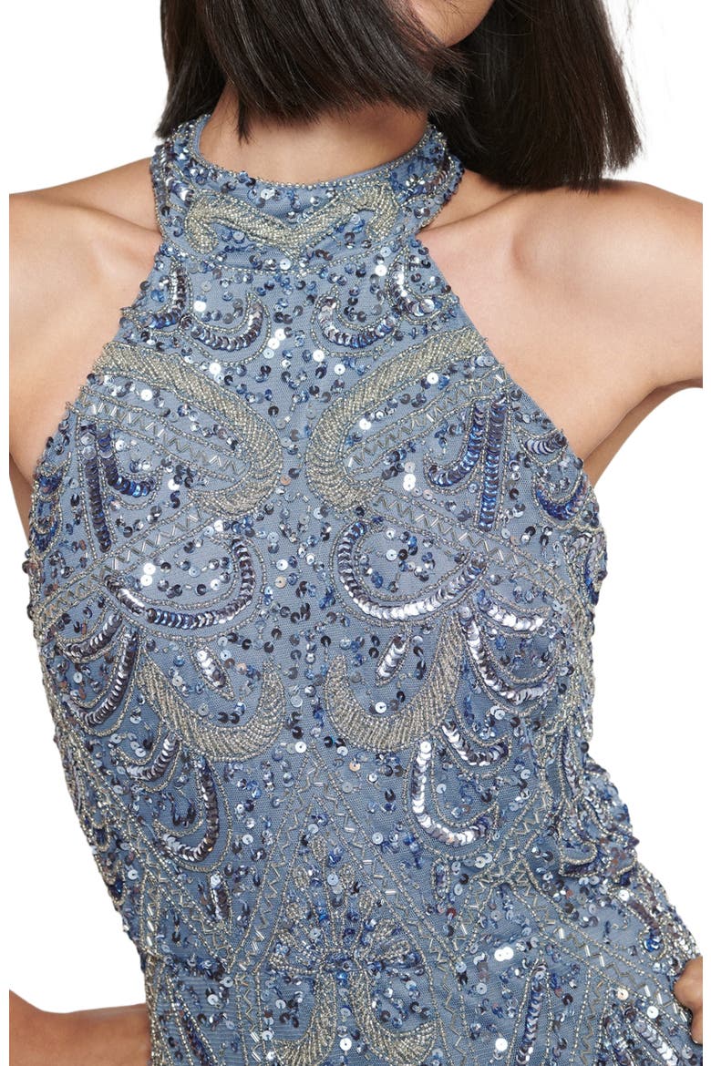 Occasion Embellished Sequin Beaded Halter Neck Evening Midi Dress, Alternate, color, POWDER BLUE