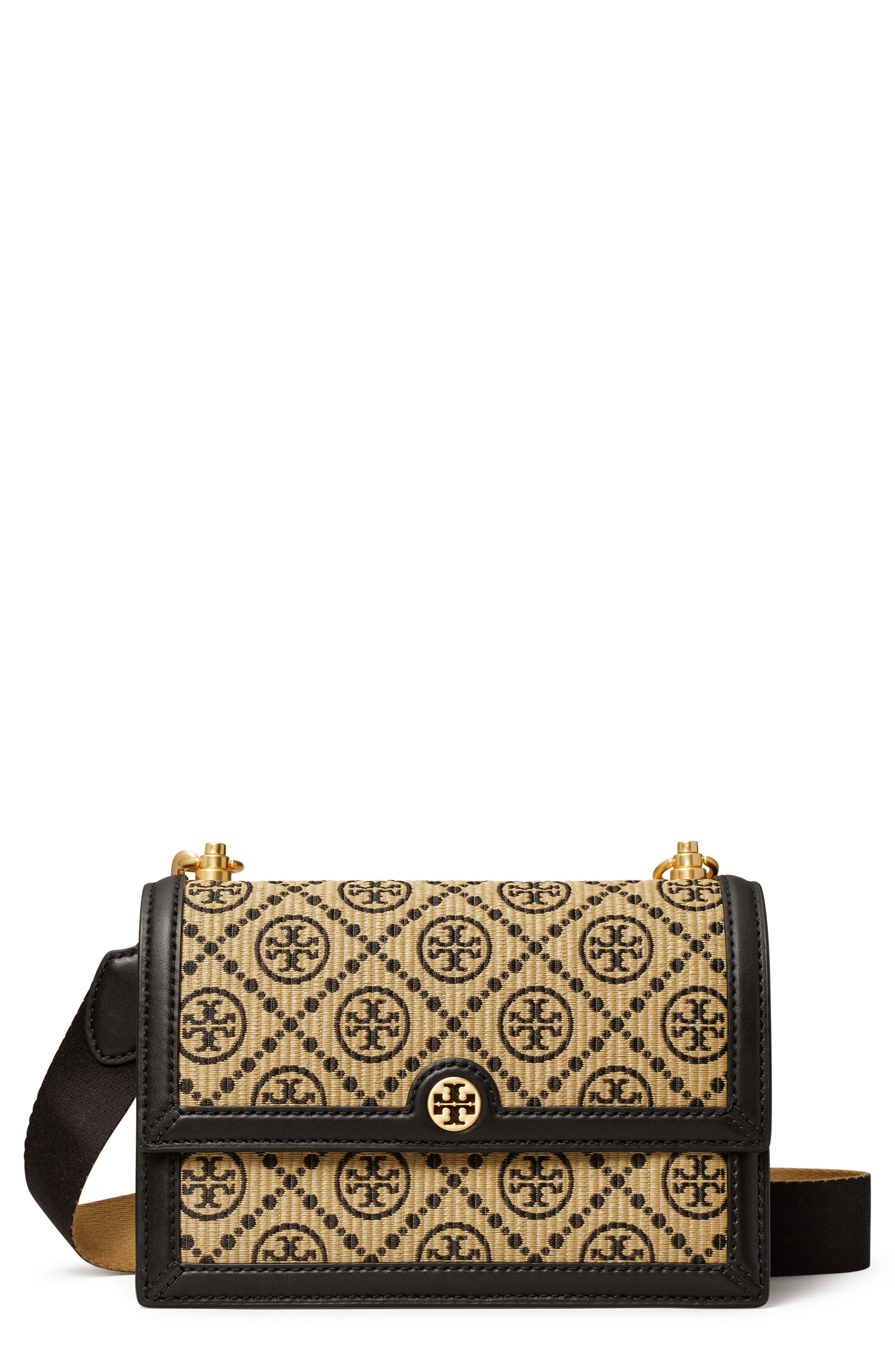 Tory Burch Small T Monogram Raffia Shoulder Bag, Main, color, 