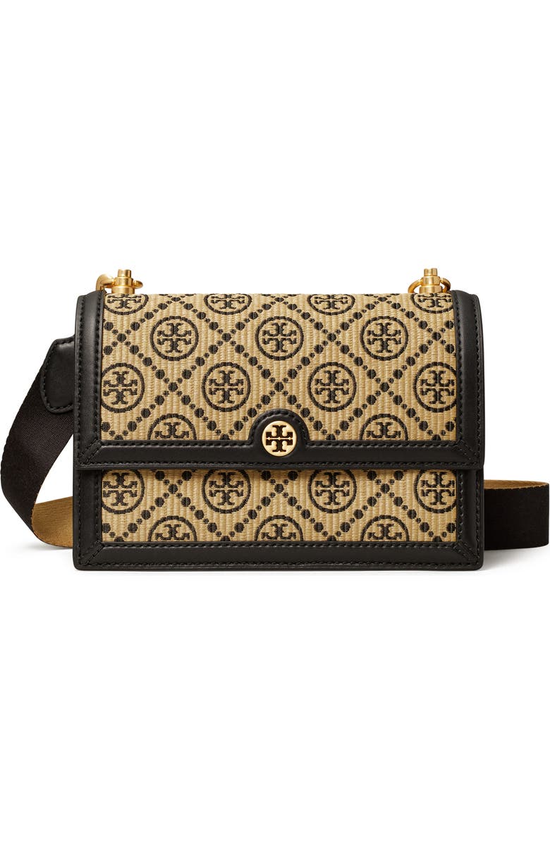 Tory Burch Small T Monogram Raffia Shoulder Bag, Main, color,